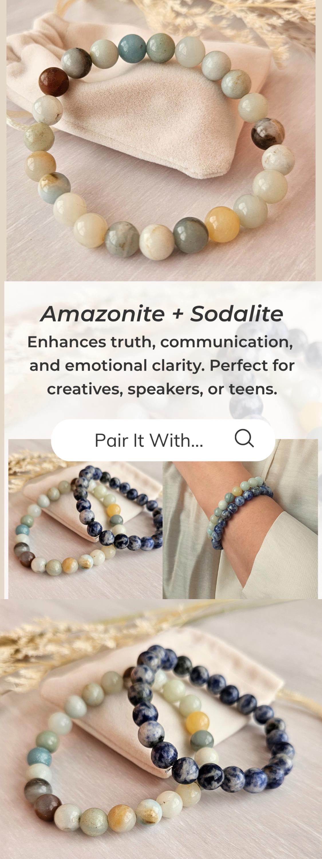 Amazonite Bracelet Stretch Healing Crystal Bracelet Gift for Women Mot