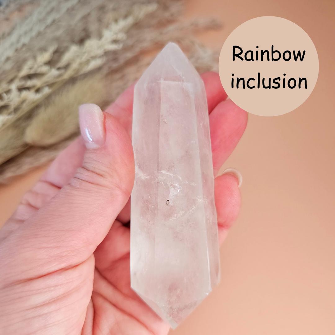 Clear quartz double terminated point rainbow inclusion