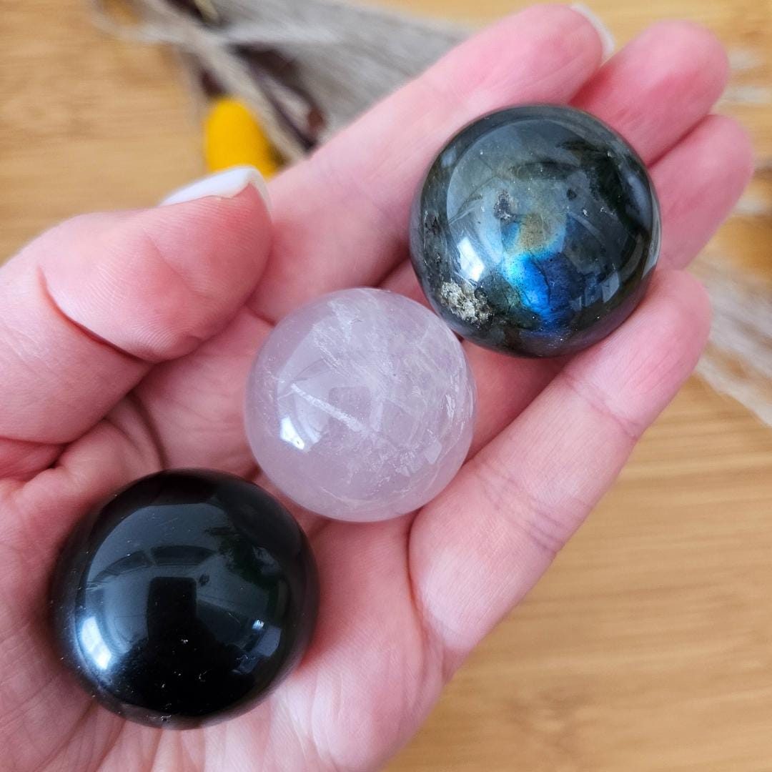 Crystal gift set of 3 rose quartz sphere labradorite  black obsidian sphere
