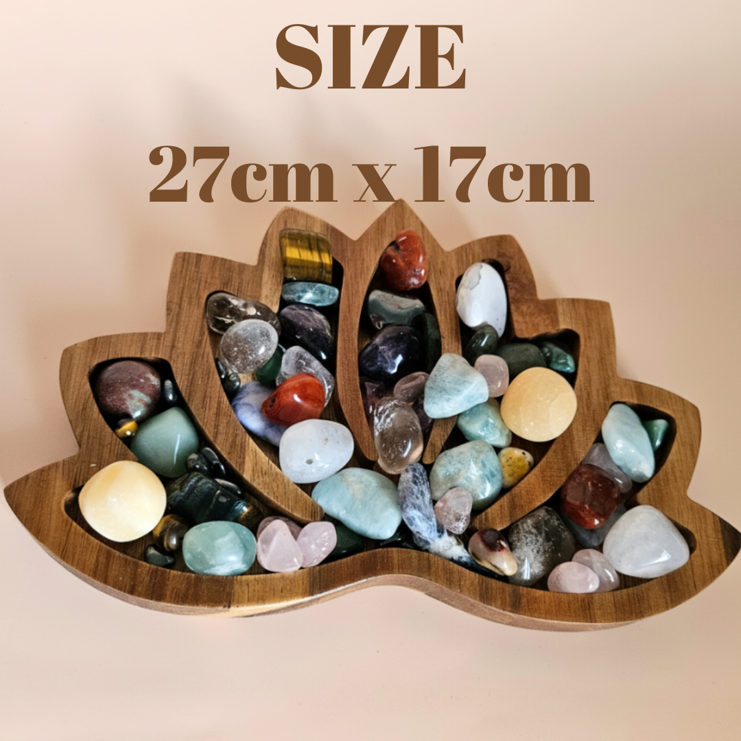 Wooden Crystal Display Tray Large Lotus Organizer for Tumbled Stones