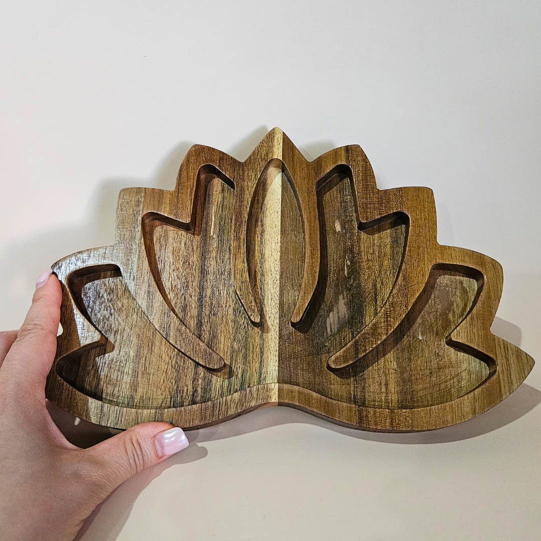 Wooden Crystal Display Tray Large Lotus Organizer for Tumbled Stones