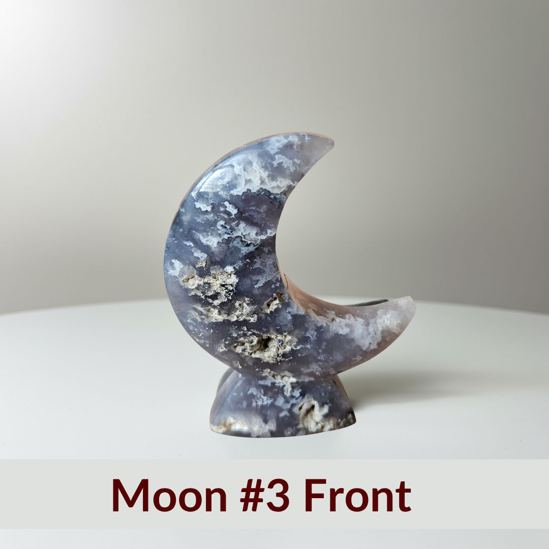 Blue Plume Agate Moon Crystal Display