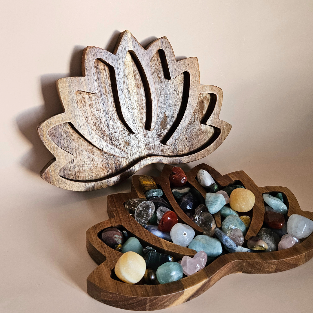 Wooden Crystal Display Tray Large Lotus Organizer for Tumbled Stones