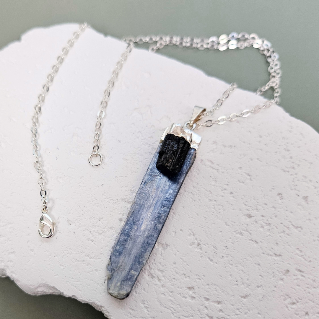 Kyanite and black tourmaline necklace crystal jewelry natural gemstone pendant