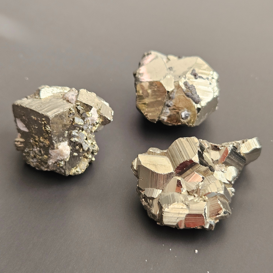 3 Natural pyrite crystal clusters with metallic cubic formations, raw healing stone for abundance and home décor