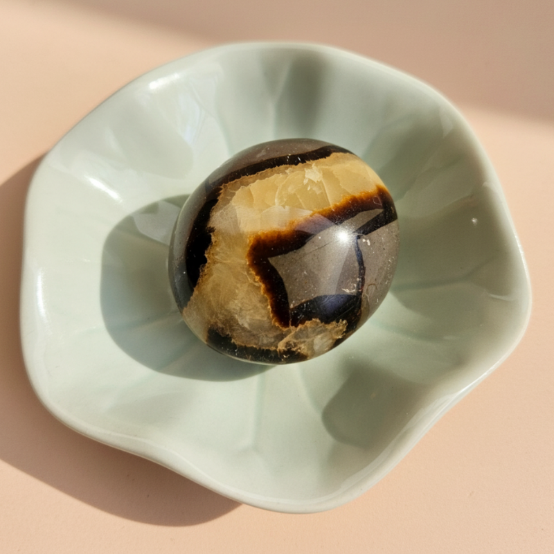  septarian palm stone  Polished stone on a light green dish with a beige background