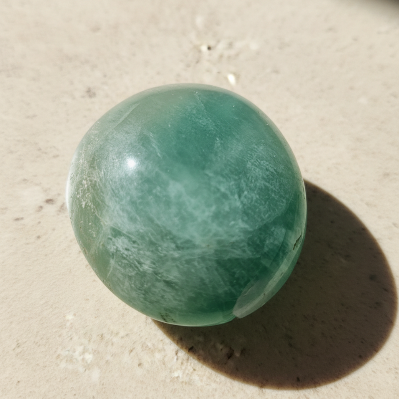 Green fluorite crystal palmstone on a beige surface
