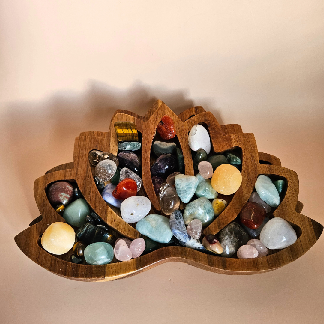Wooden Crystal Display Tray Large Lotus Organizer for Tumbled Stones