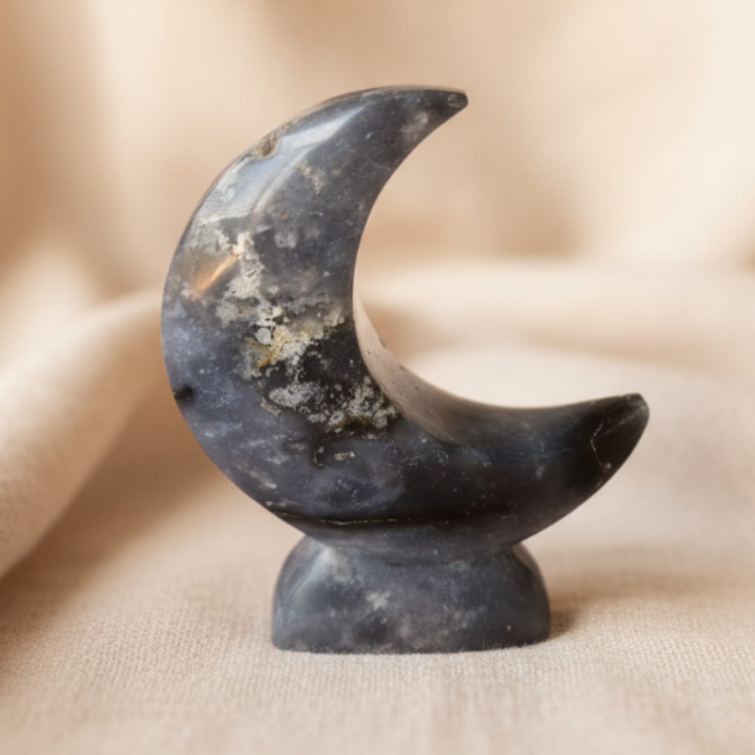 Blue Plume Agate Moon Crystal Display