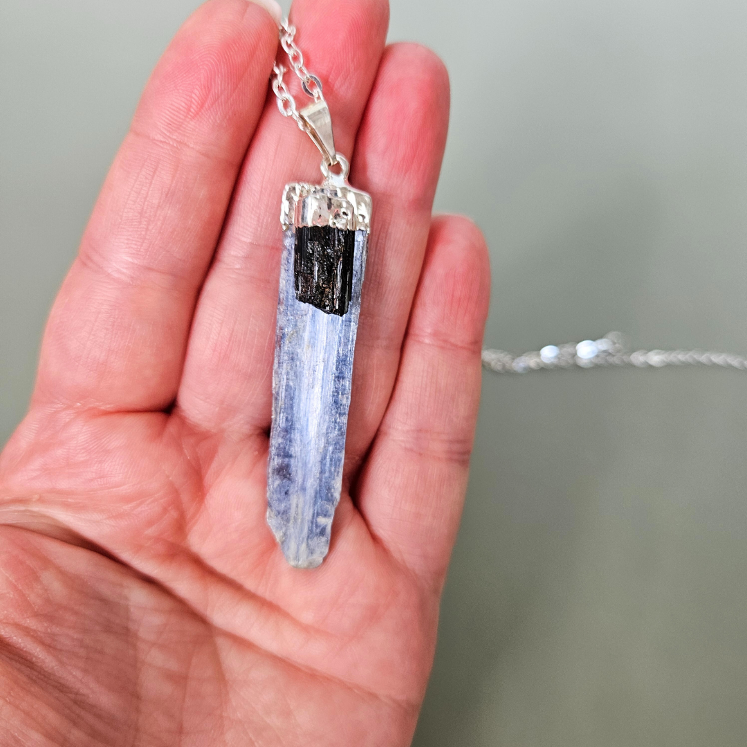Kyanite and black tourmaline necklace crystal jewelry natural gemstone pendant