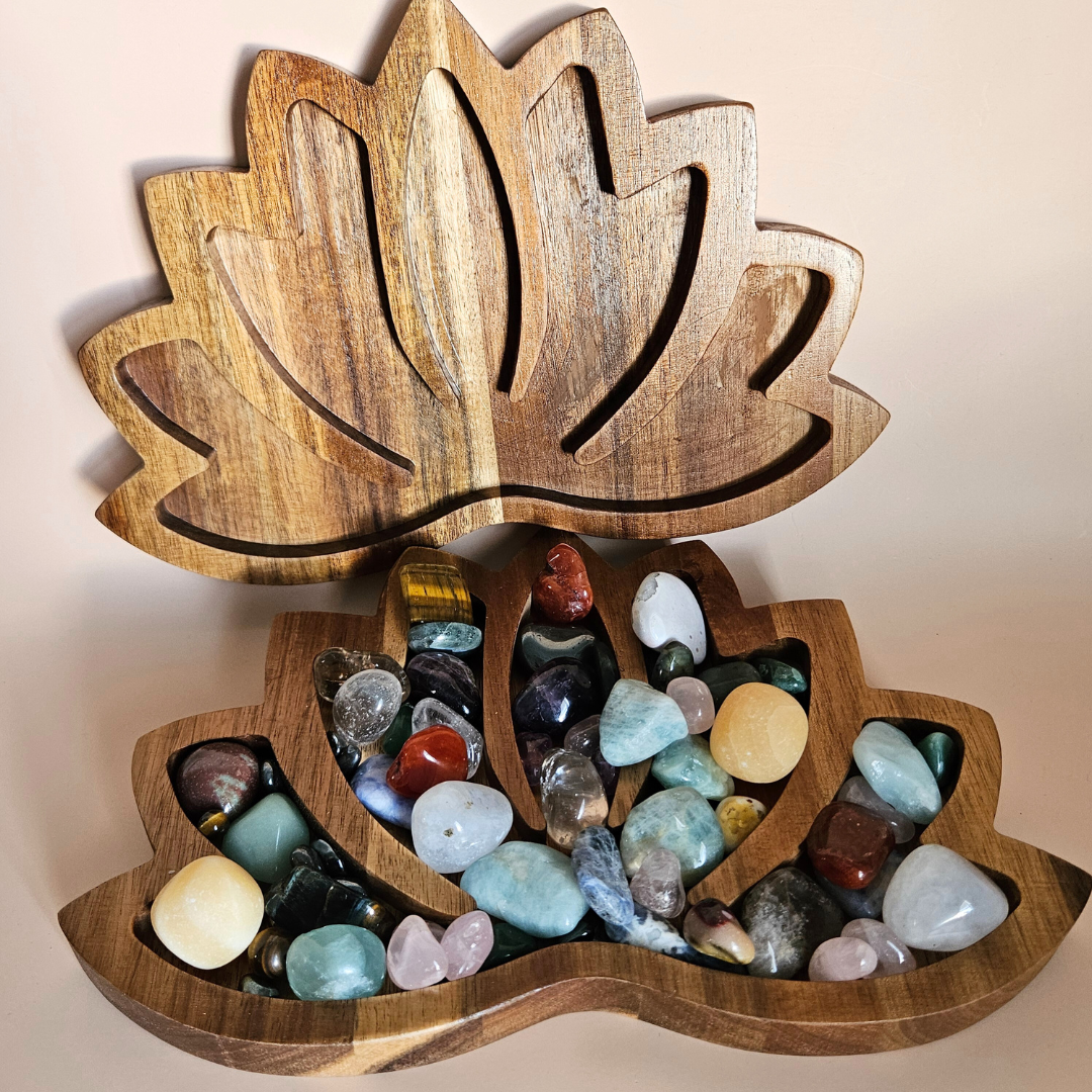 Wooden Crystal Display Tray Large Lotus Organizer for Tumbled Stones