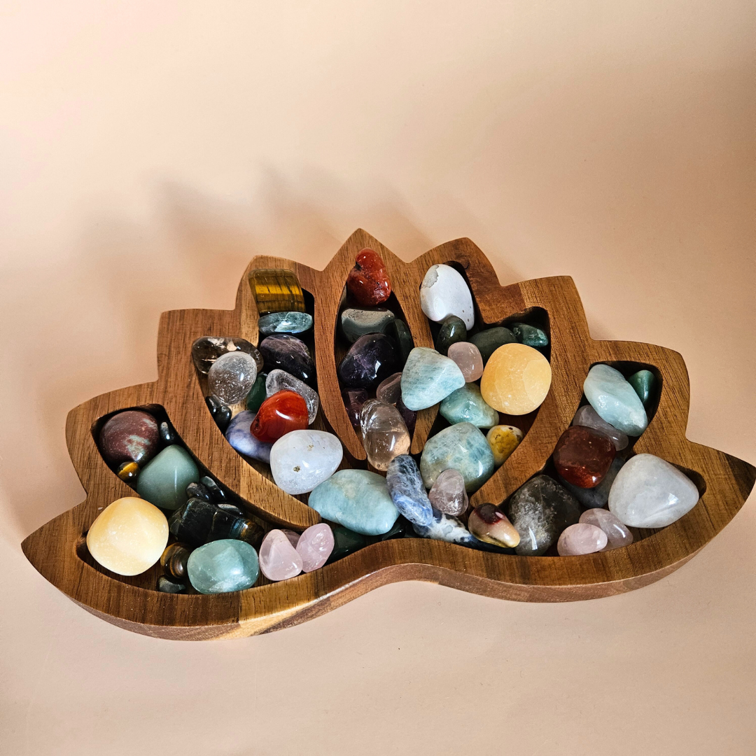 Wooden Crystal Display Tray Large Lotus Organizer for Tumbled Stones