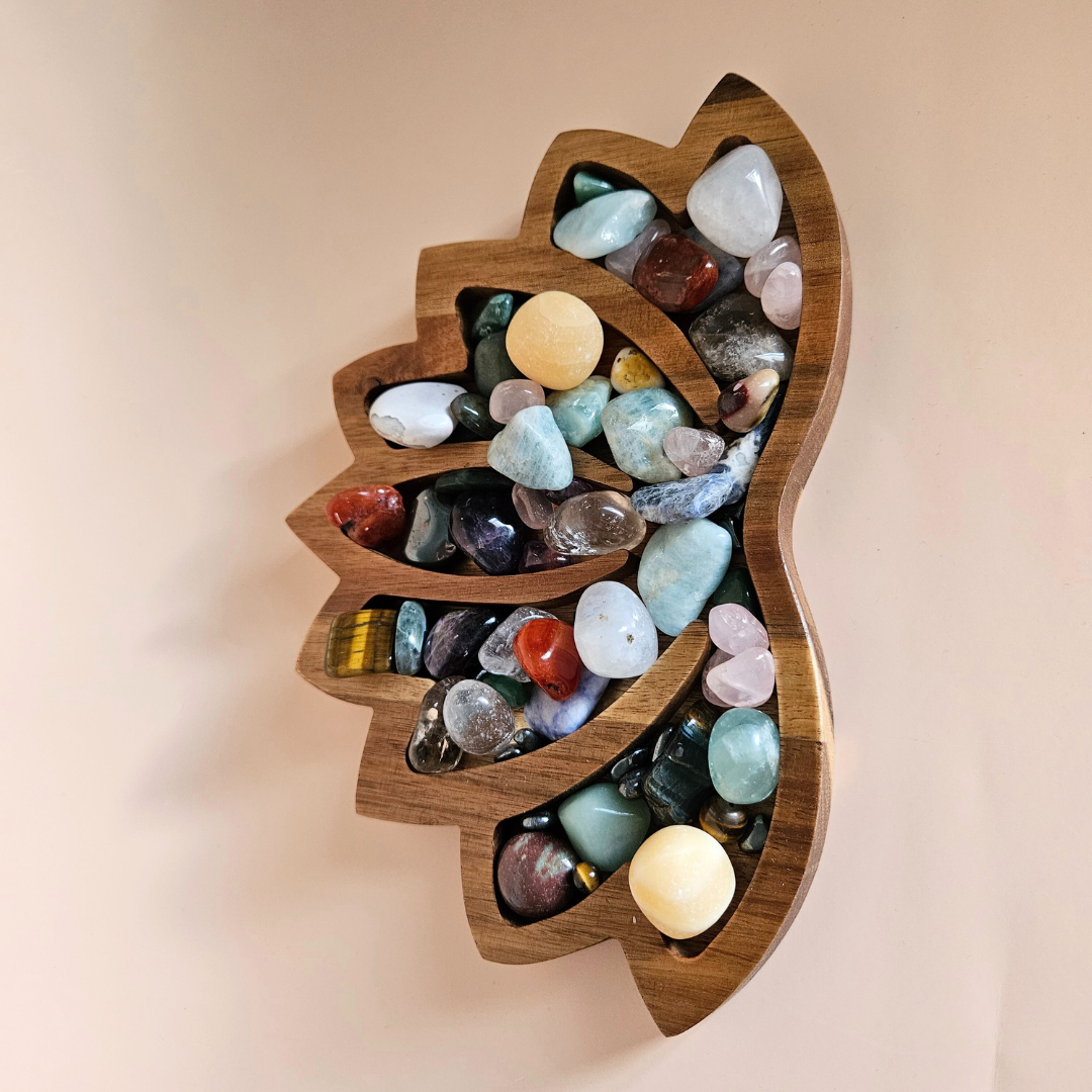 Wooden Crystal Display Tray Large Lotus Organizer for Tumbled Stones