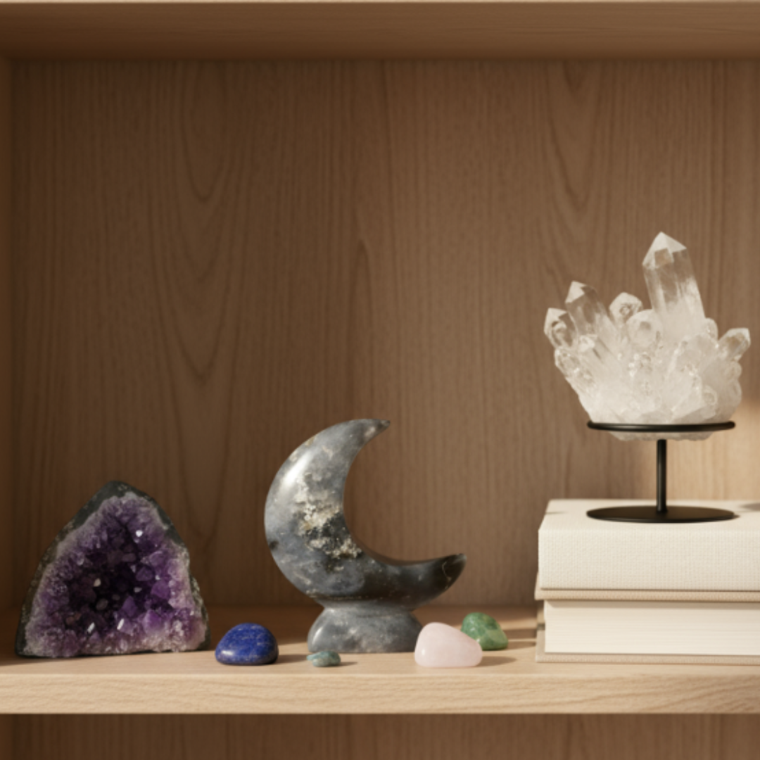 Blue Plume Agate Moon Crystal Display