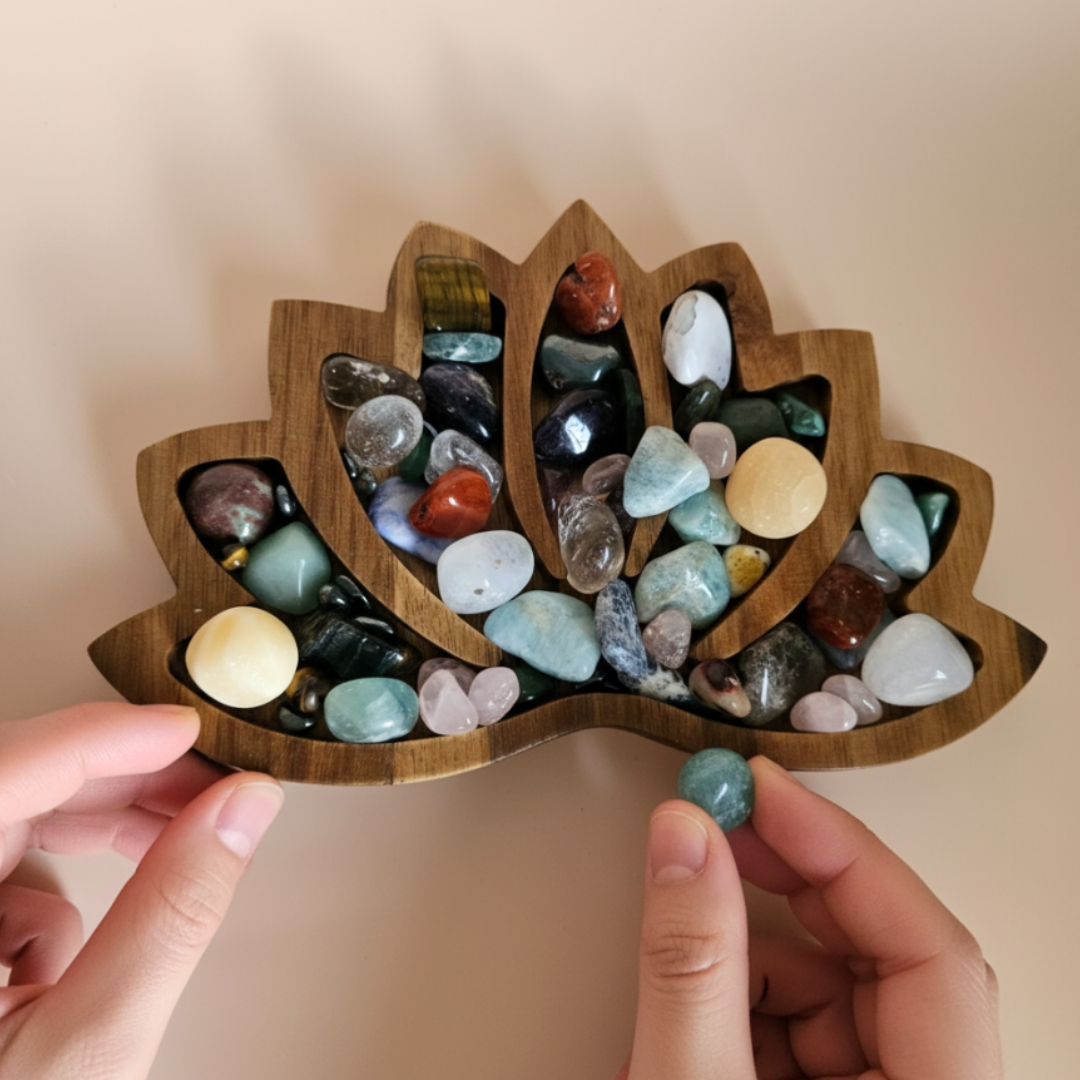 Wooden Crystal Display Tray Large Lotus Organizer for Tumbled Stones