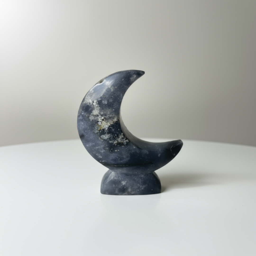 Blue Plume Agate Moon Crystal Display
