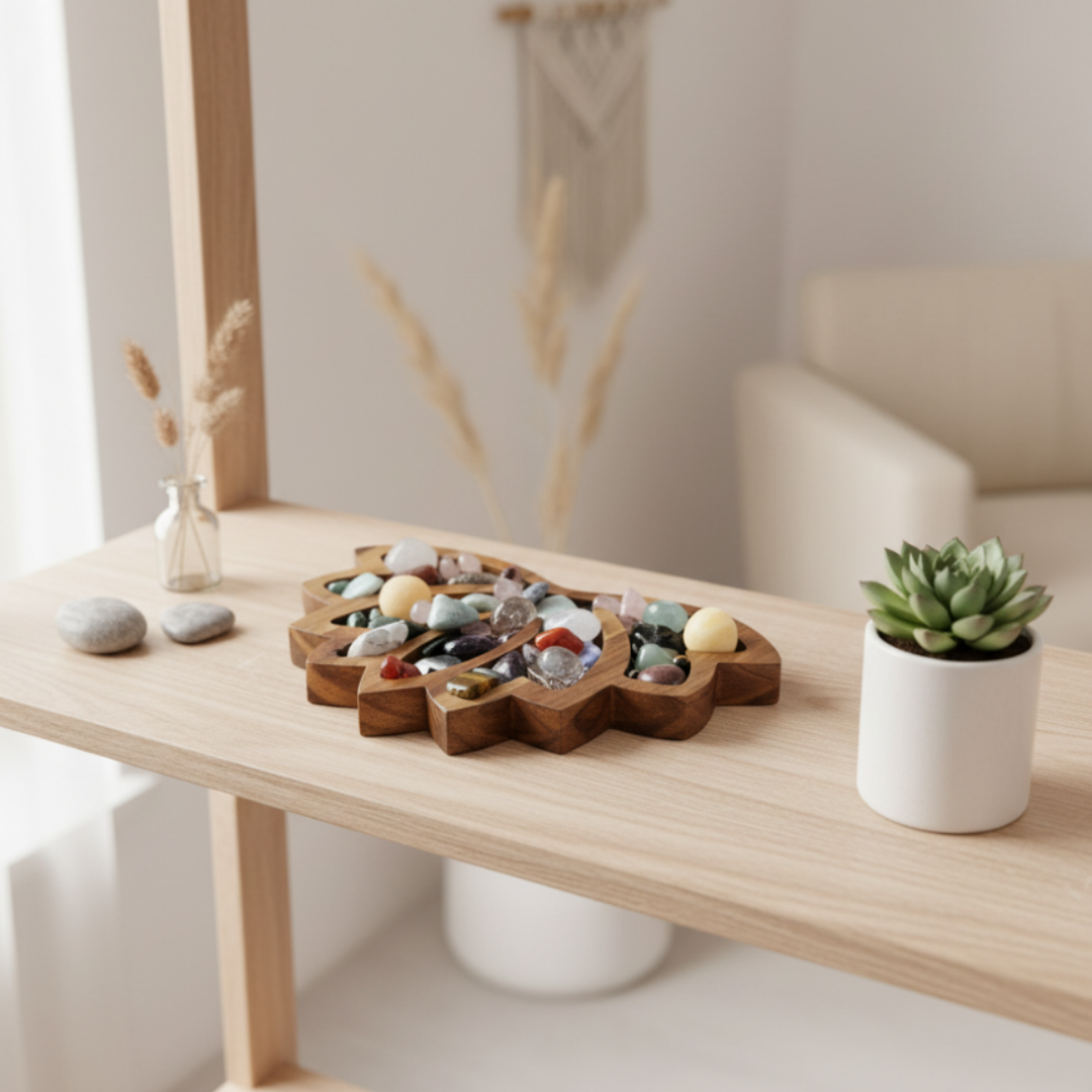 Wooden Crystal Display Tray Large Lotus Organizer for Tumbled Stones