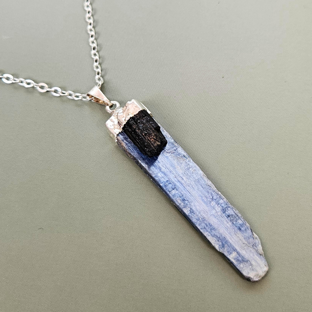 Kyanite and black tourmaline necklace crystal jewelry natural gemstone pendant