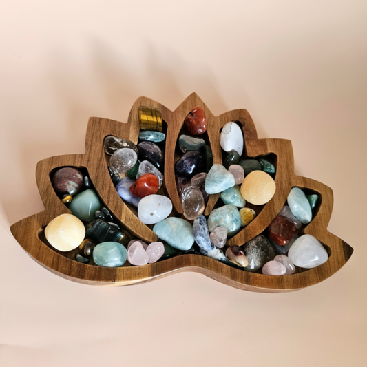 Wooden Crystal Display Tray Large Lotus Organizer for Tumbled Stones