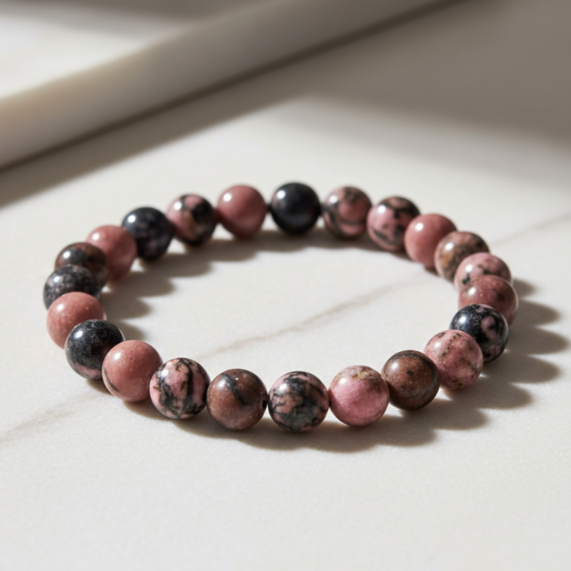 Beaded rhodonite  bracelet 8mm with pink and black stones on a light surface