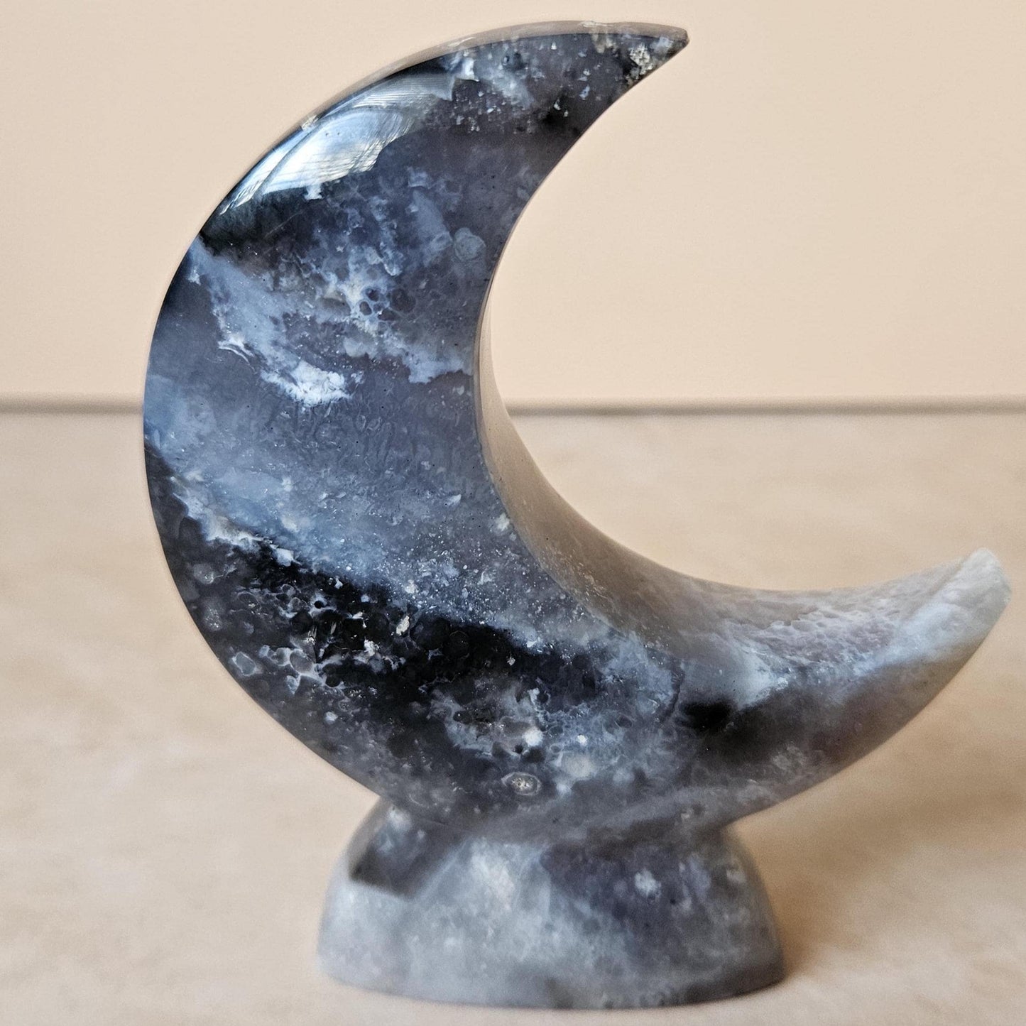 Blue Plume Agate Moon Crystal Display