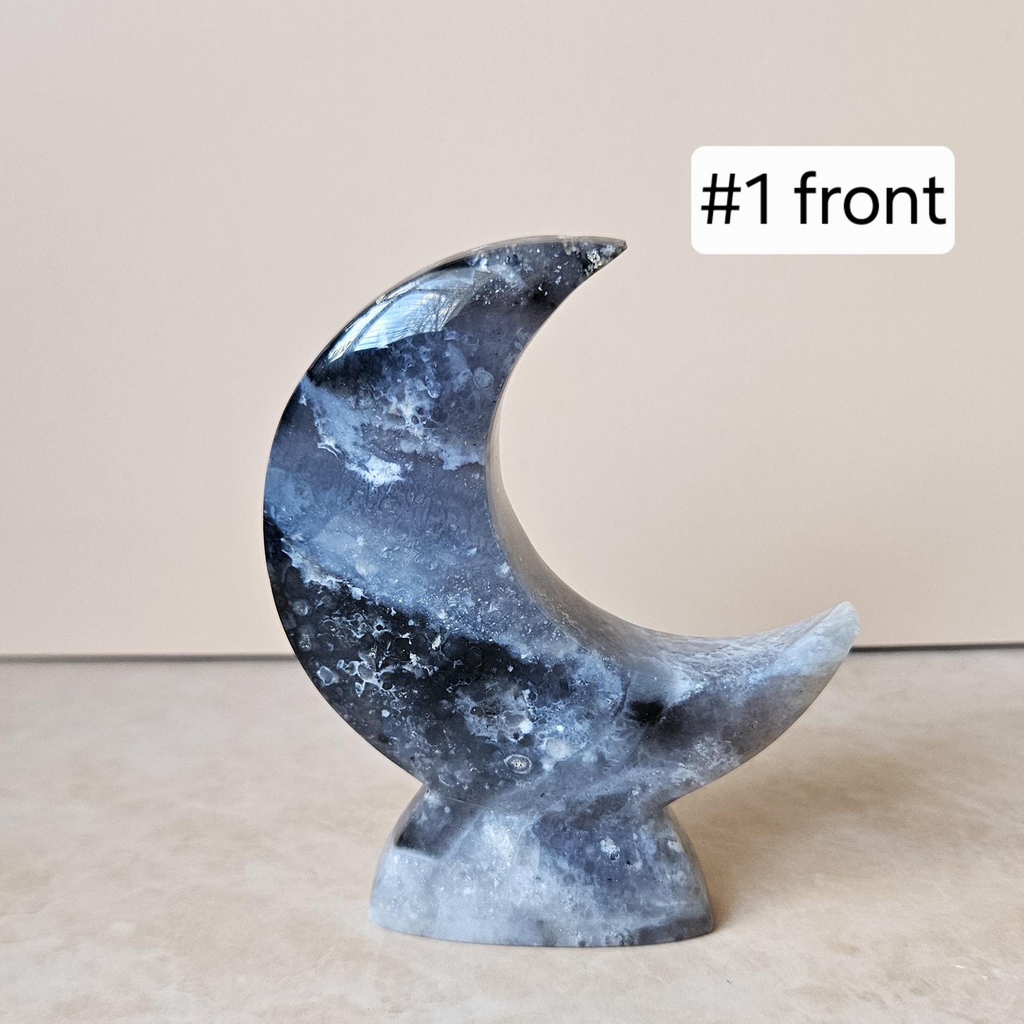 Blue Plume Agate Moon Crystal Display