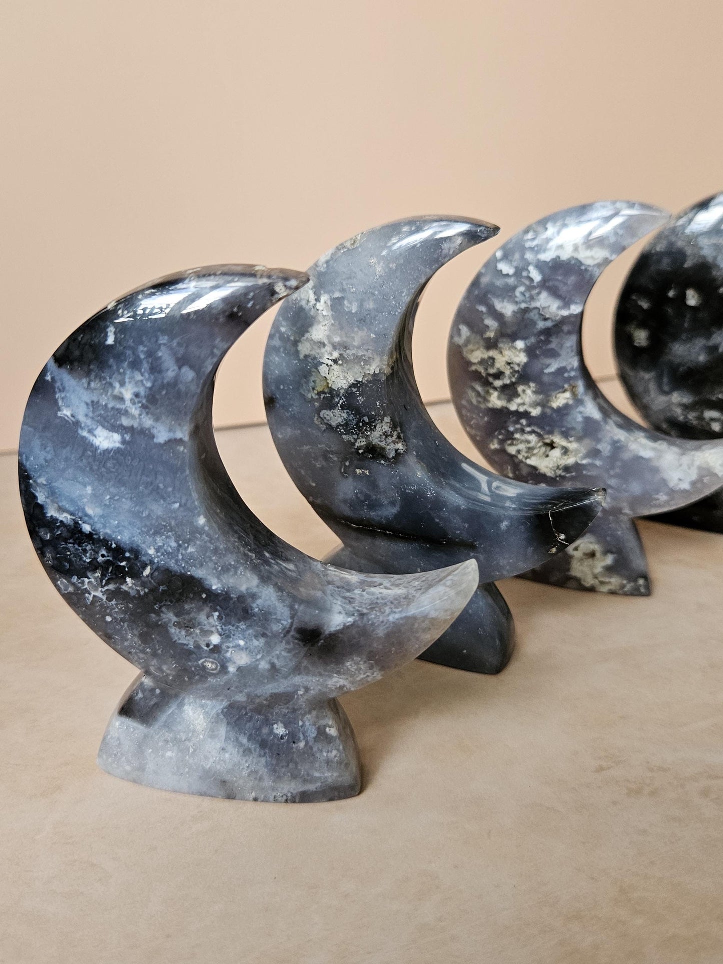 Blue Plume Agate Moon Crystal Display