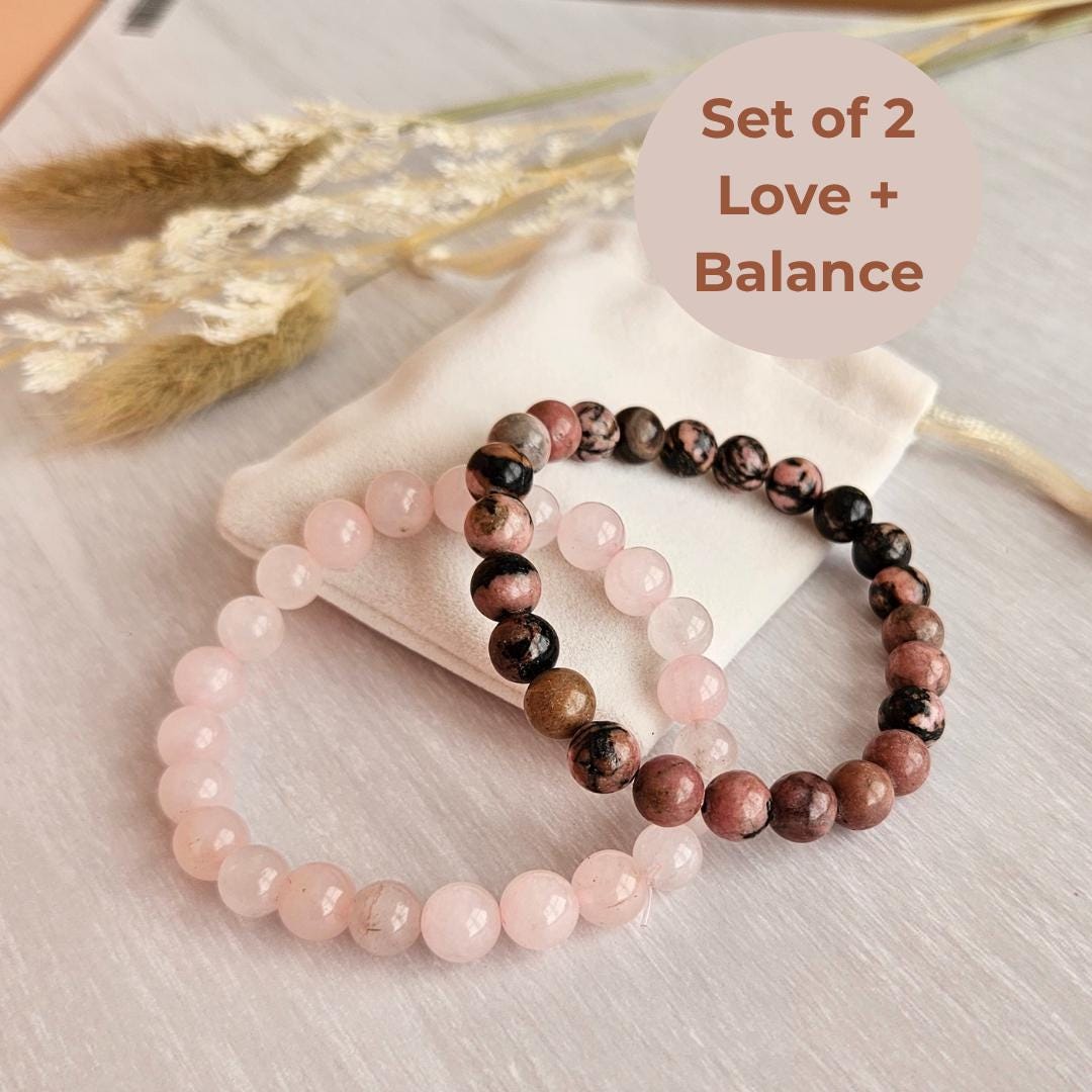Rose quartz and rhodonite bracelet set of 2