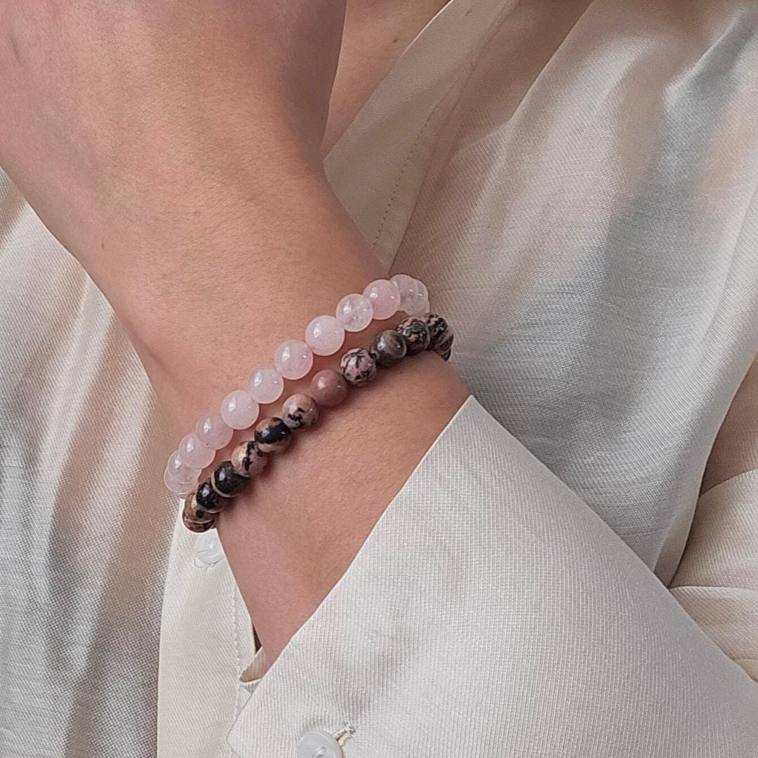 Rose quartz and rhodonite bracelet set of 2