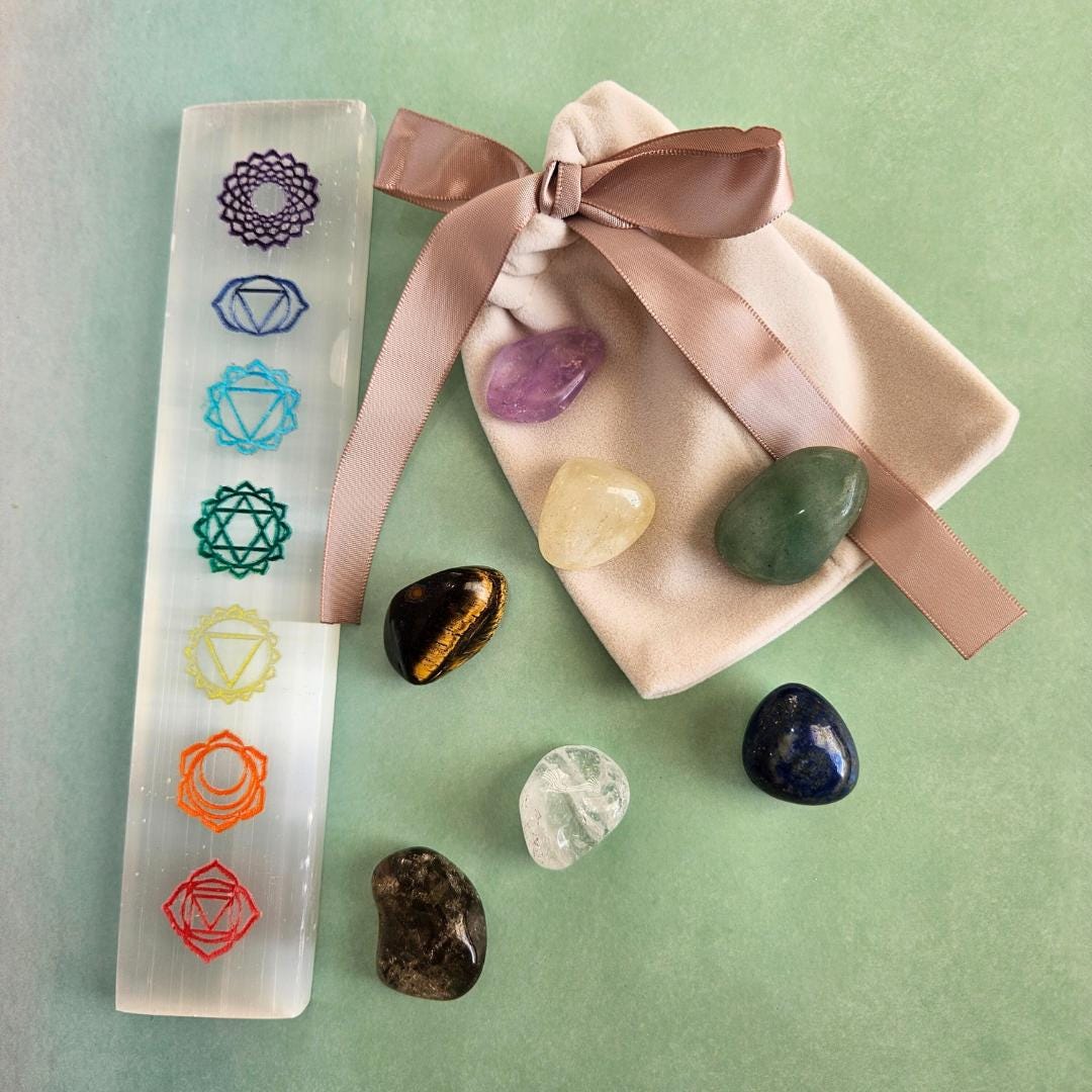 Chakra Crystal Set Selenite Charging Plate Tumbled Stones