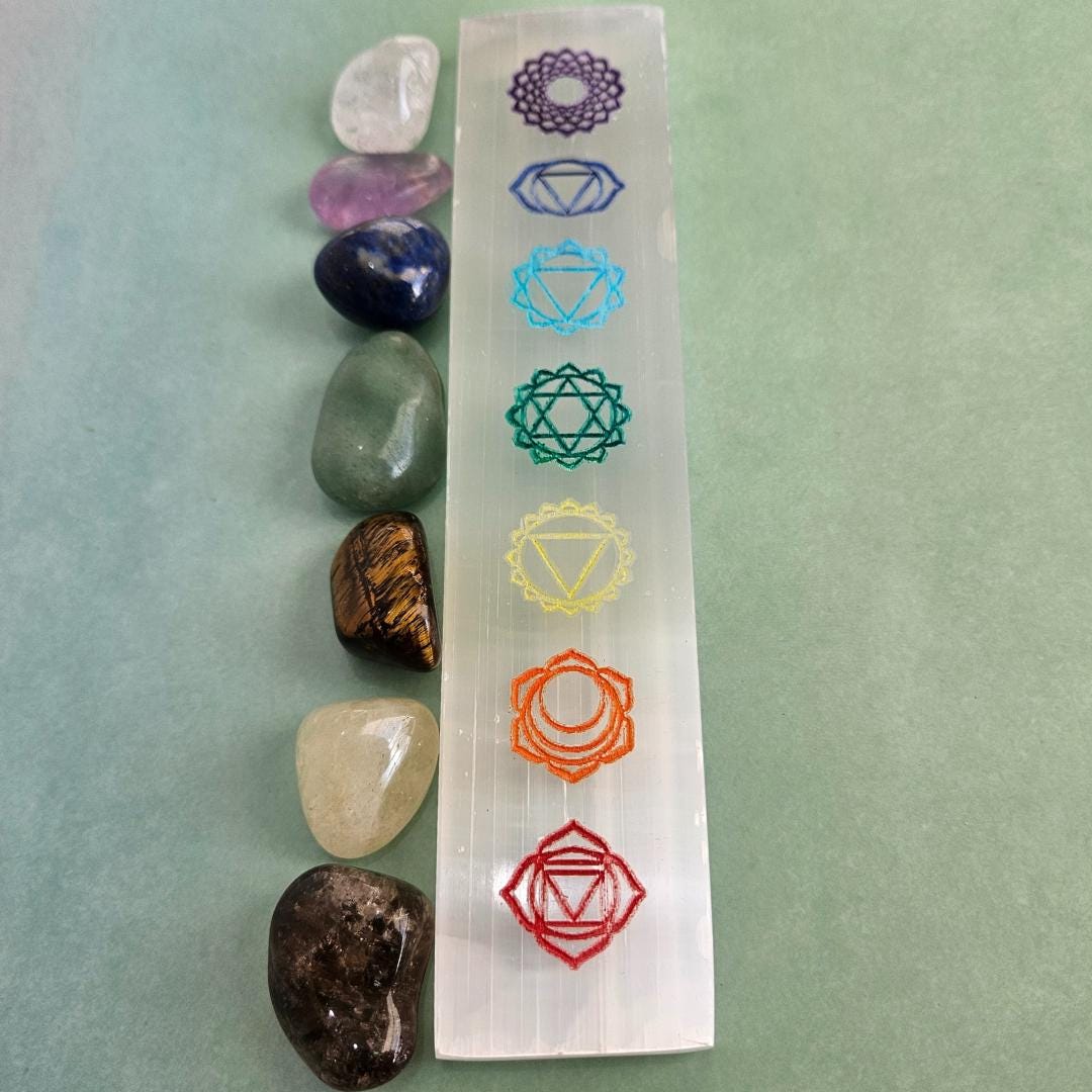 Chakra Crystal Set Selenite Charging Plate Tumbled Stones