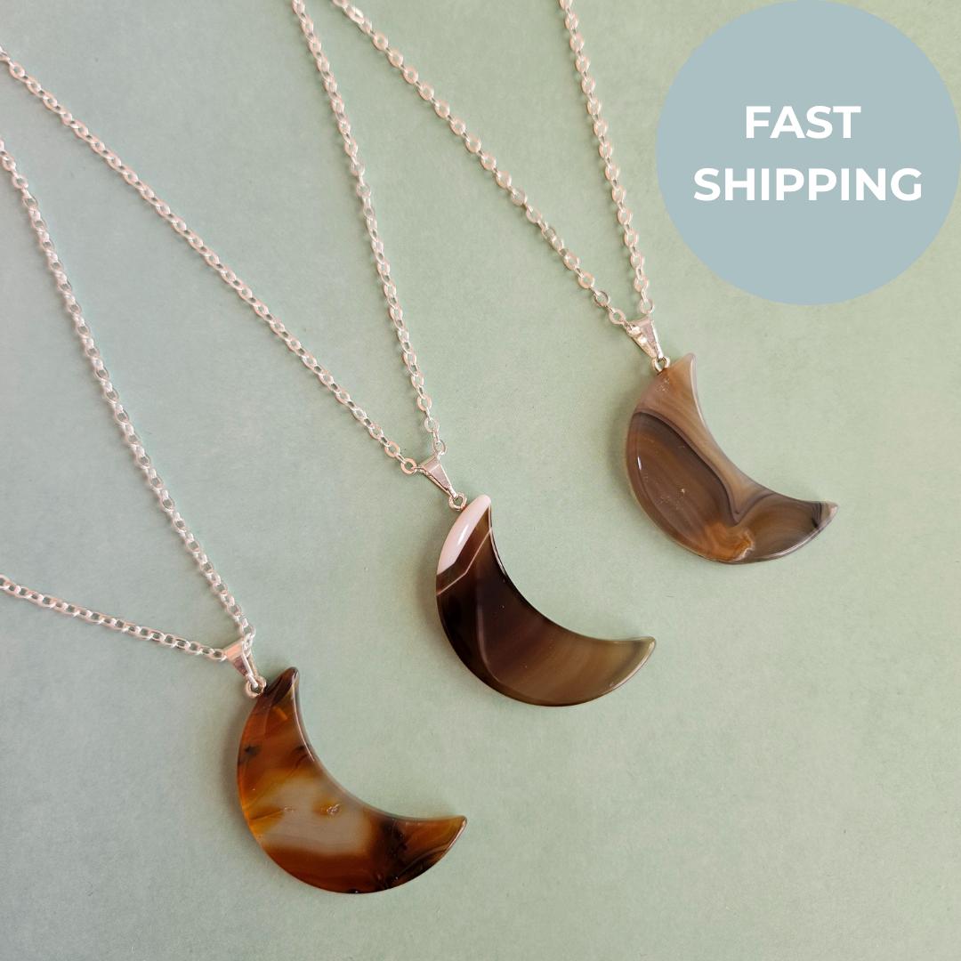 Agate Moon Necklace Crystal Pendant
