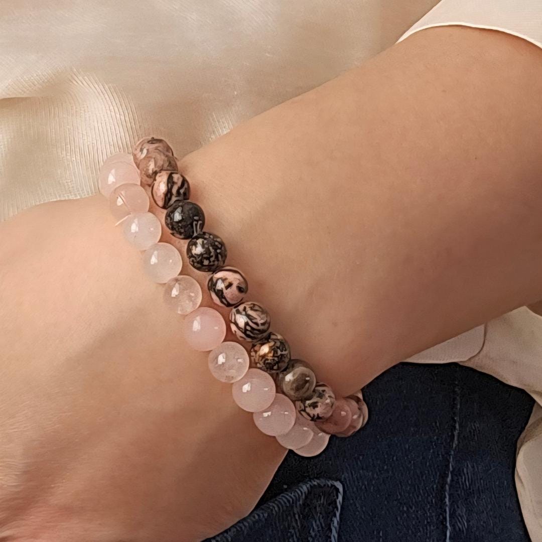 Rose quartz and rhodonite bracelet set of 2