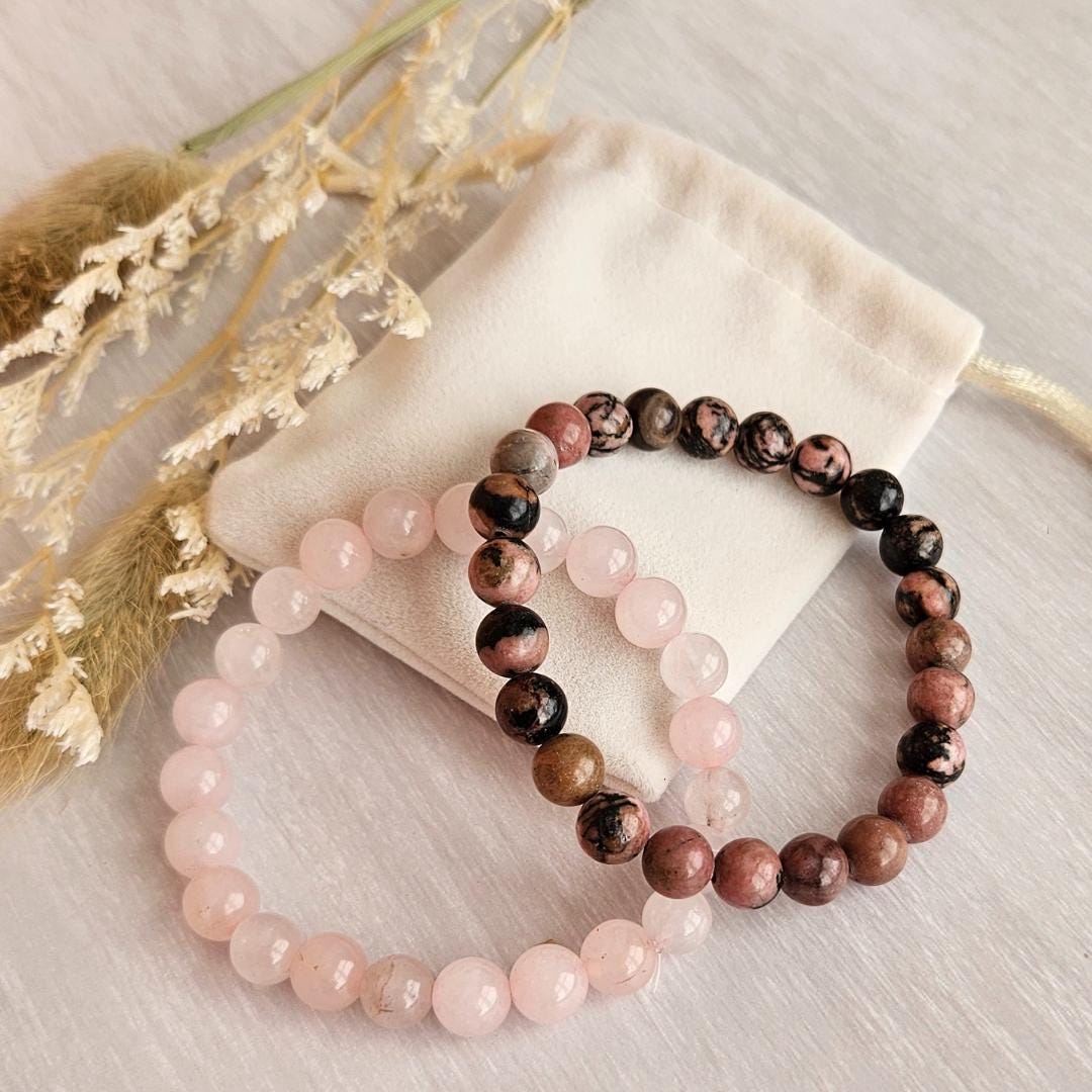 Rose quartz and rhodonite bracelet set of 2