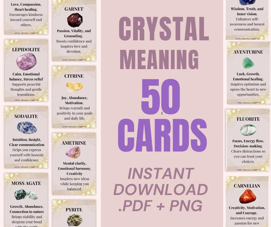 Printable Crystal Information Cards 50 Crystal Meaning Cards printable deck Crystals for Beginners Digital deck Gemstone info instant pdf