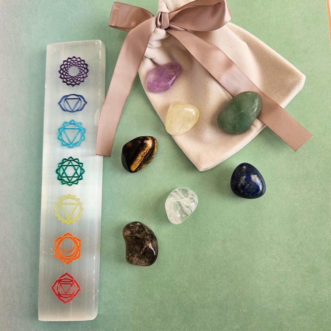 Chakra Crystal Set Selenite Charging Plate Tumbled Stones
