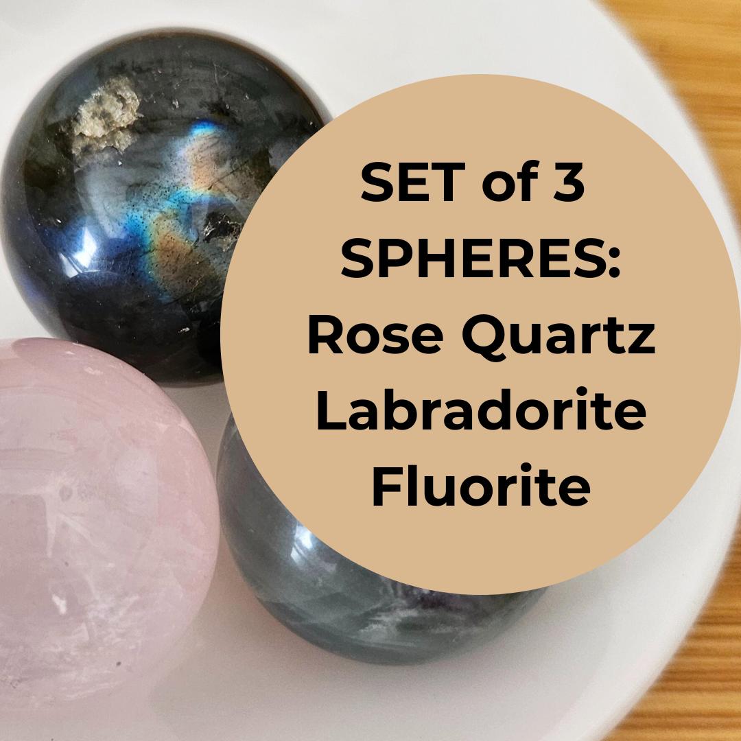 Set of 3 Crystal spheres rose quartz labradorite  fluorite