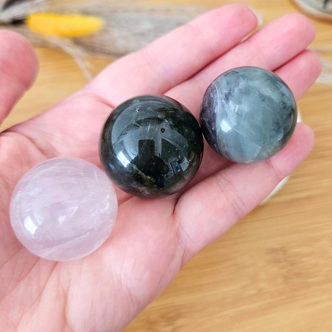 Set of 3 Crystal spheres rose quartz labradorite  fluorite