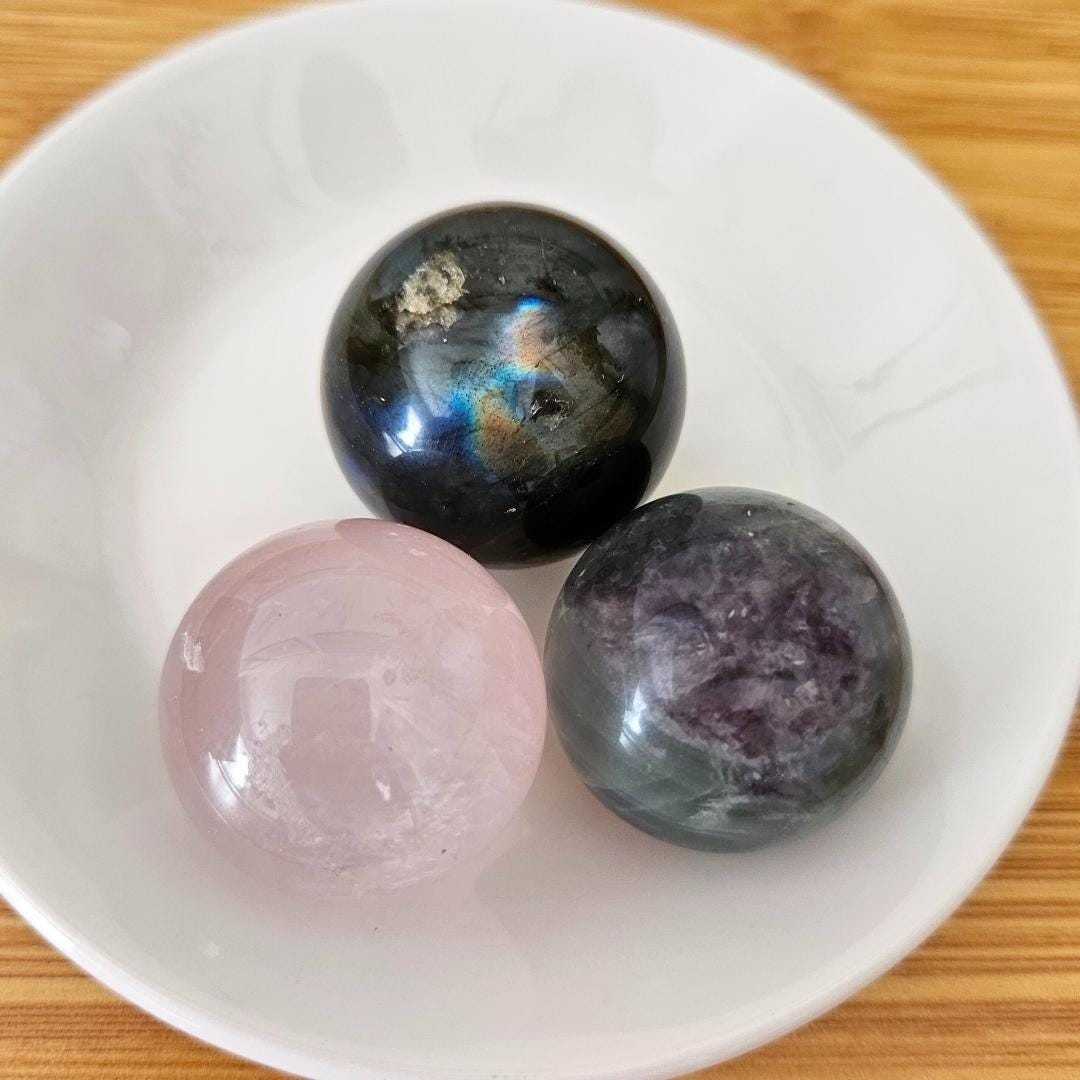 Set of 3 Crystal spheres rose quartz labradorite  fluorite