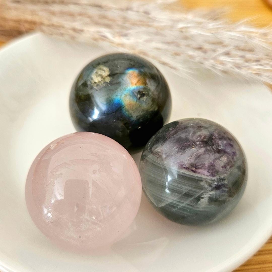 Set of 3 Crystal spheres rose quartz labradorite  fluorite