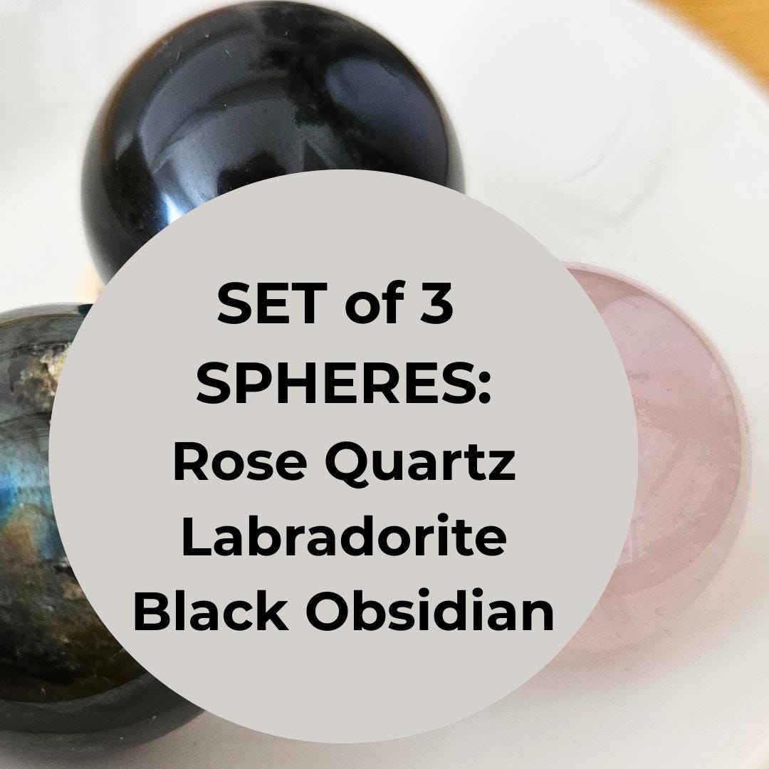 Crystal gift set of 3 rose quartz sphere labradorite  black obsidian sphere