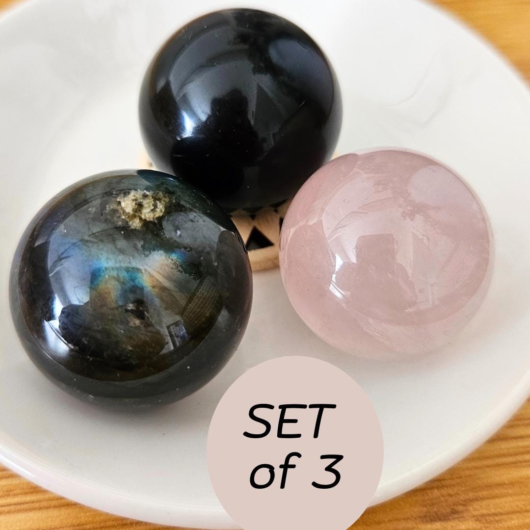 Crystal gift set of 3 rose quartz sphere labradorite  black obsidian sphere