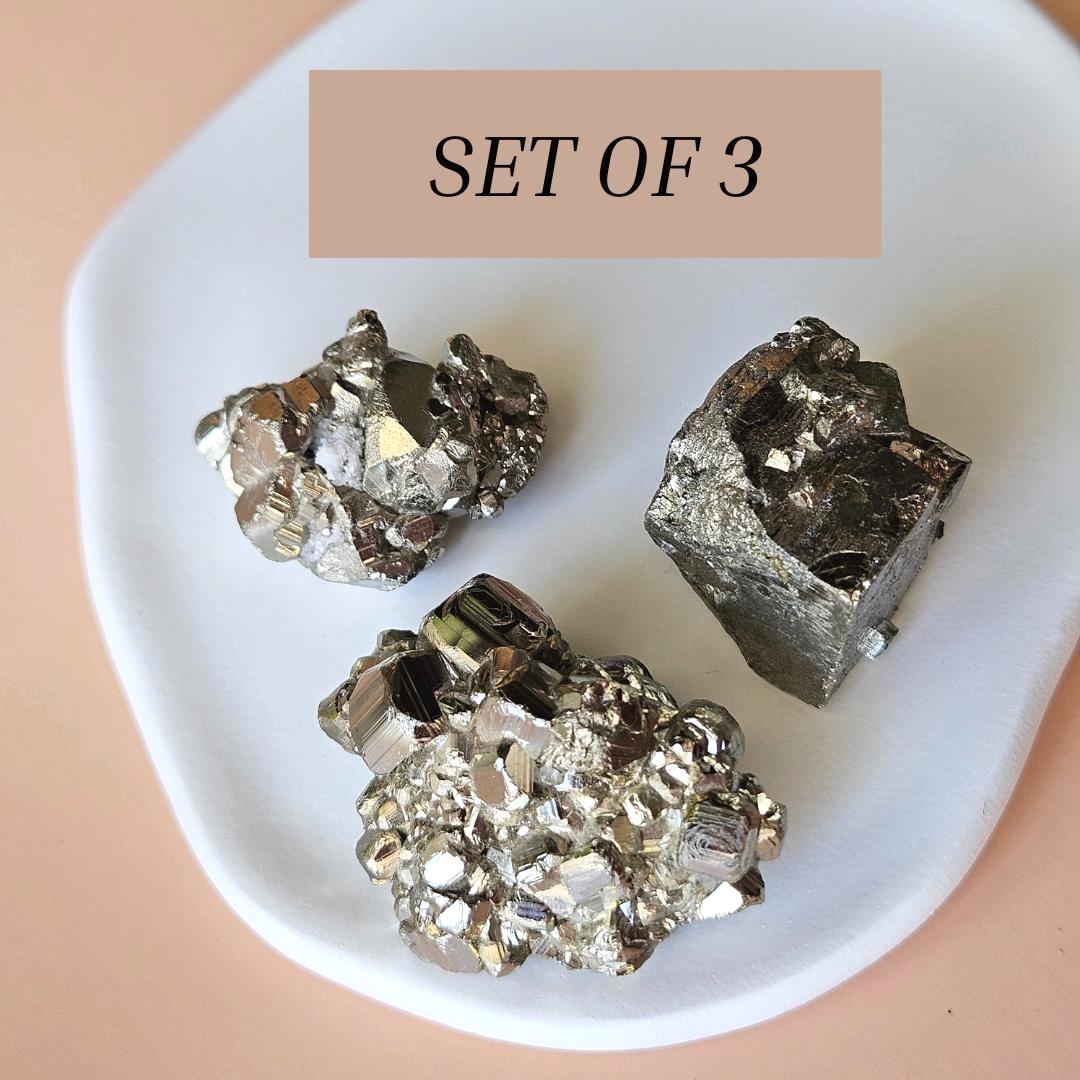 3 x pyrite clusters fools gold metallic crystal stones crystal grid di