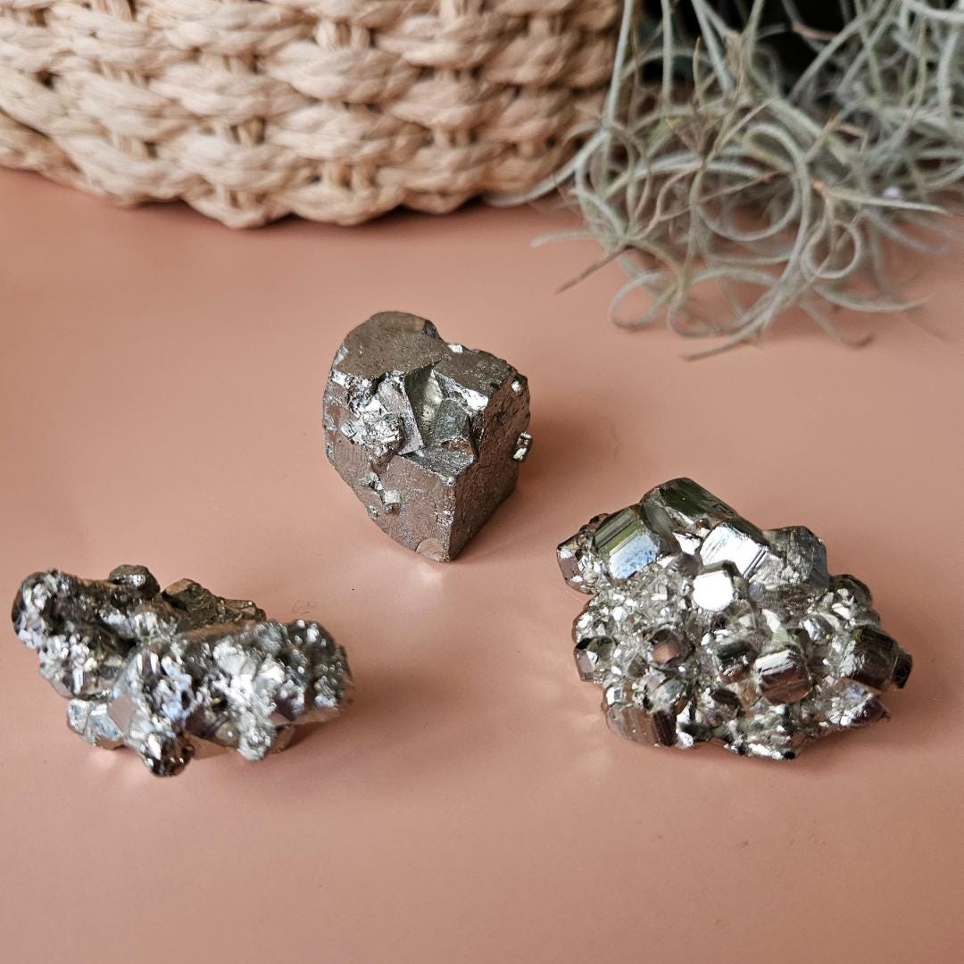 3 x pyrite clusters fools gold metallic crystal stones crystal grid di