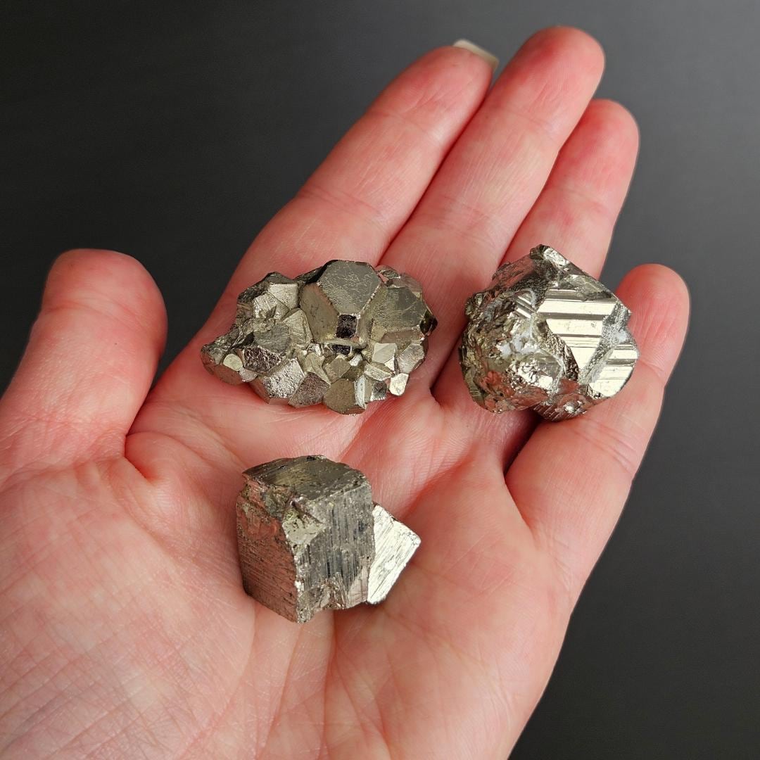 3 x pyrite clusters fools gold metallic crystal stones crystal grid di