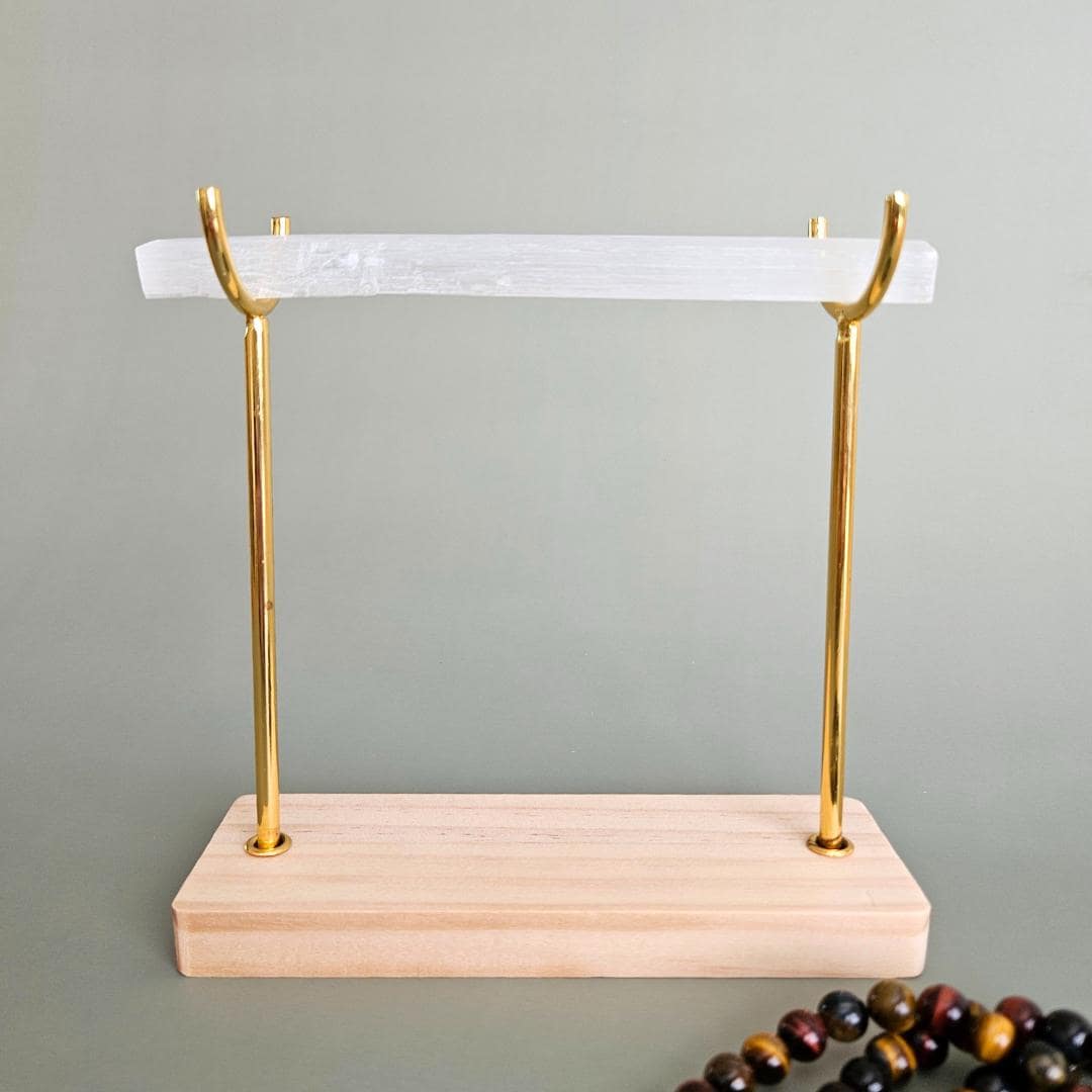 Selenite Satin Spar Crystal Bracelet Display Stand with Wooden Base Go