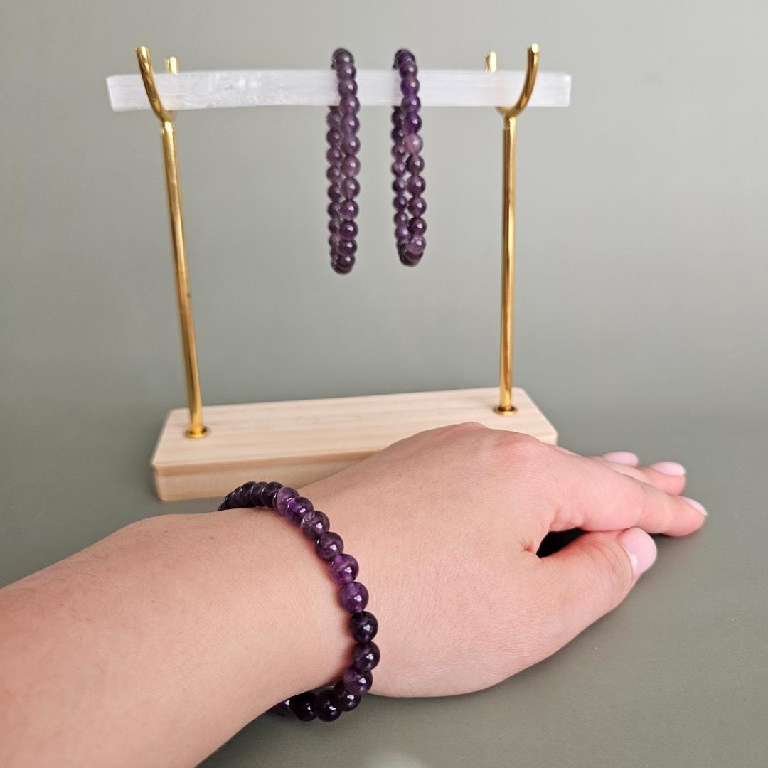 Selenite Satin Spar Crystal Bracelet Display Stand with Wooden Base Go