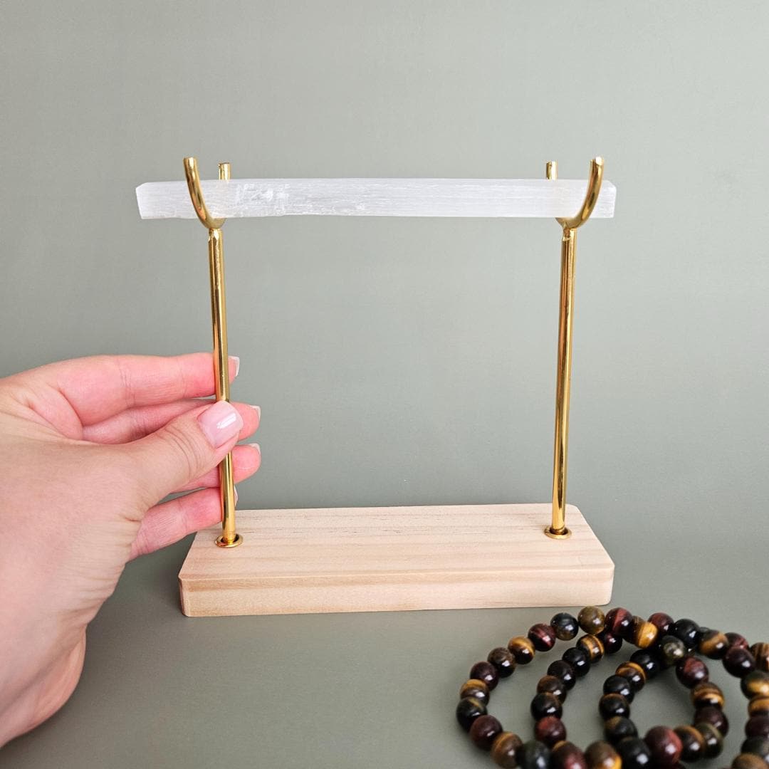 Selenite Satin Spar Crystal Bracelet Display Stand with Wooden Base Go