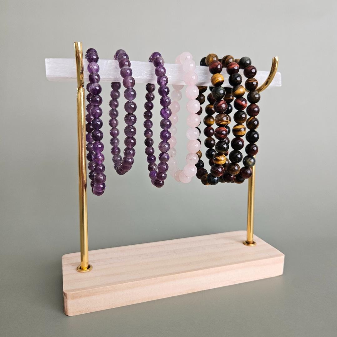 Selenite Satin Spar Crystal Bracelet Display Stand with Wooden Base Go