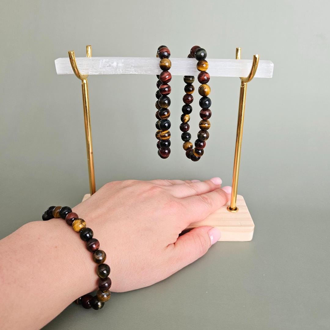 Selenite Satin Spar Crystal Bracelet Display Stand with Wooden Base Go